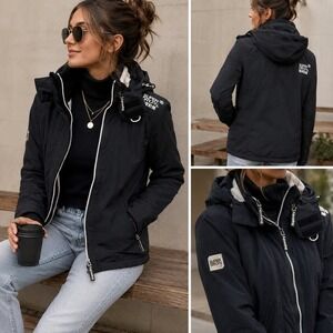 Superdry Arctic Windcheater Jacket Black Fleece Lined Triple Zip Hooded Womens S